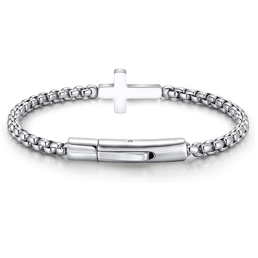 ✝ Men's Christian Cross Bracelet, Stainless Steel Rolo Chain Faith Jewelry Religious Gift