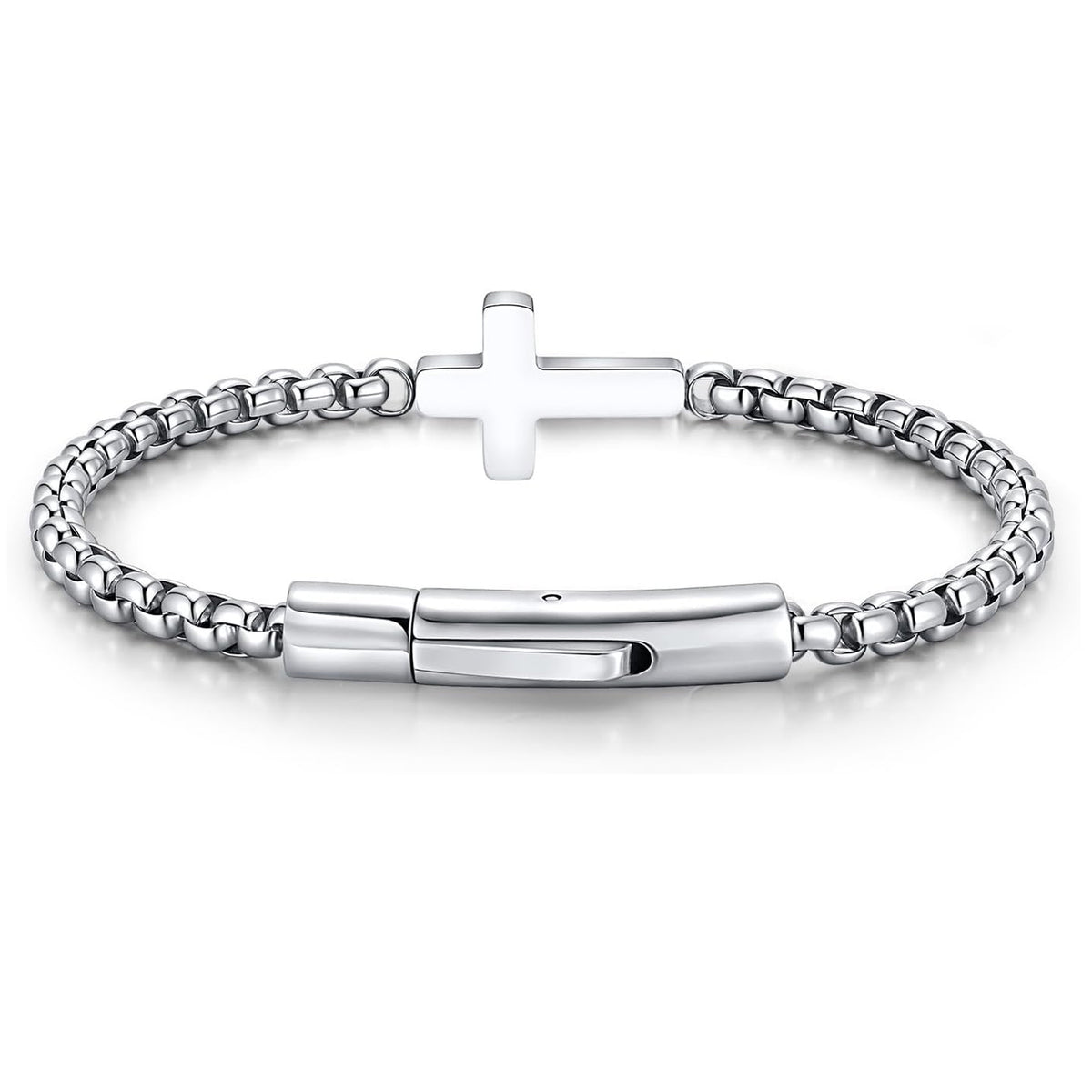 ✝ Men's Christian Cross Bracelet, Stainless Steel Rolo Chain Faith Jewelry Religious Gift