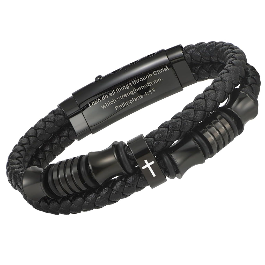 ✝ Men's Christian Cross Bracelet, Philippians 4:13 Bible Verse, Adjustable Braided Faith Jewelry Gift