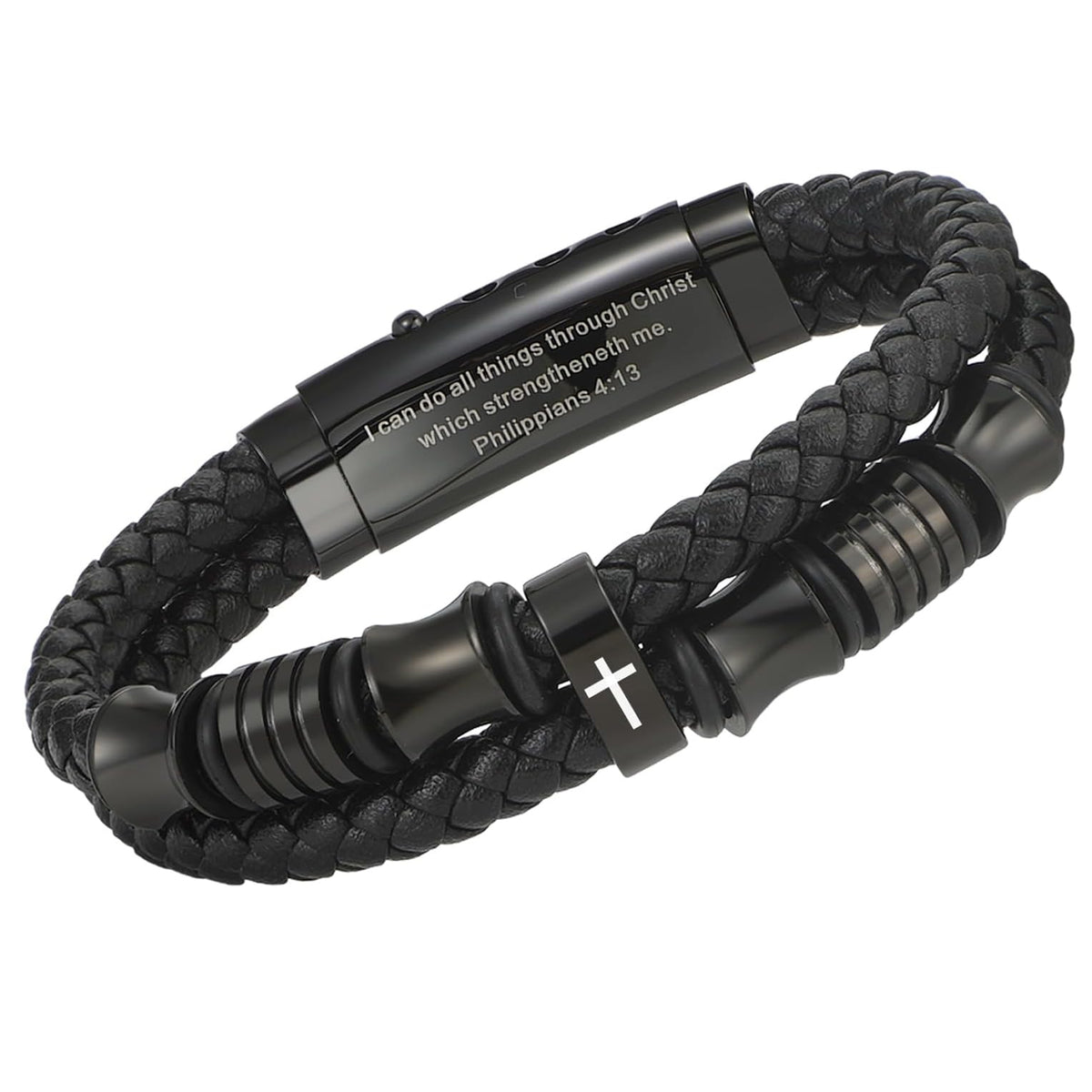 ✝ Men's Christian Cross Bracelet, Philippians 4:13 Bible Verse, Adjustable Braided Faith Jewelry Gift