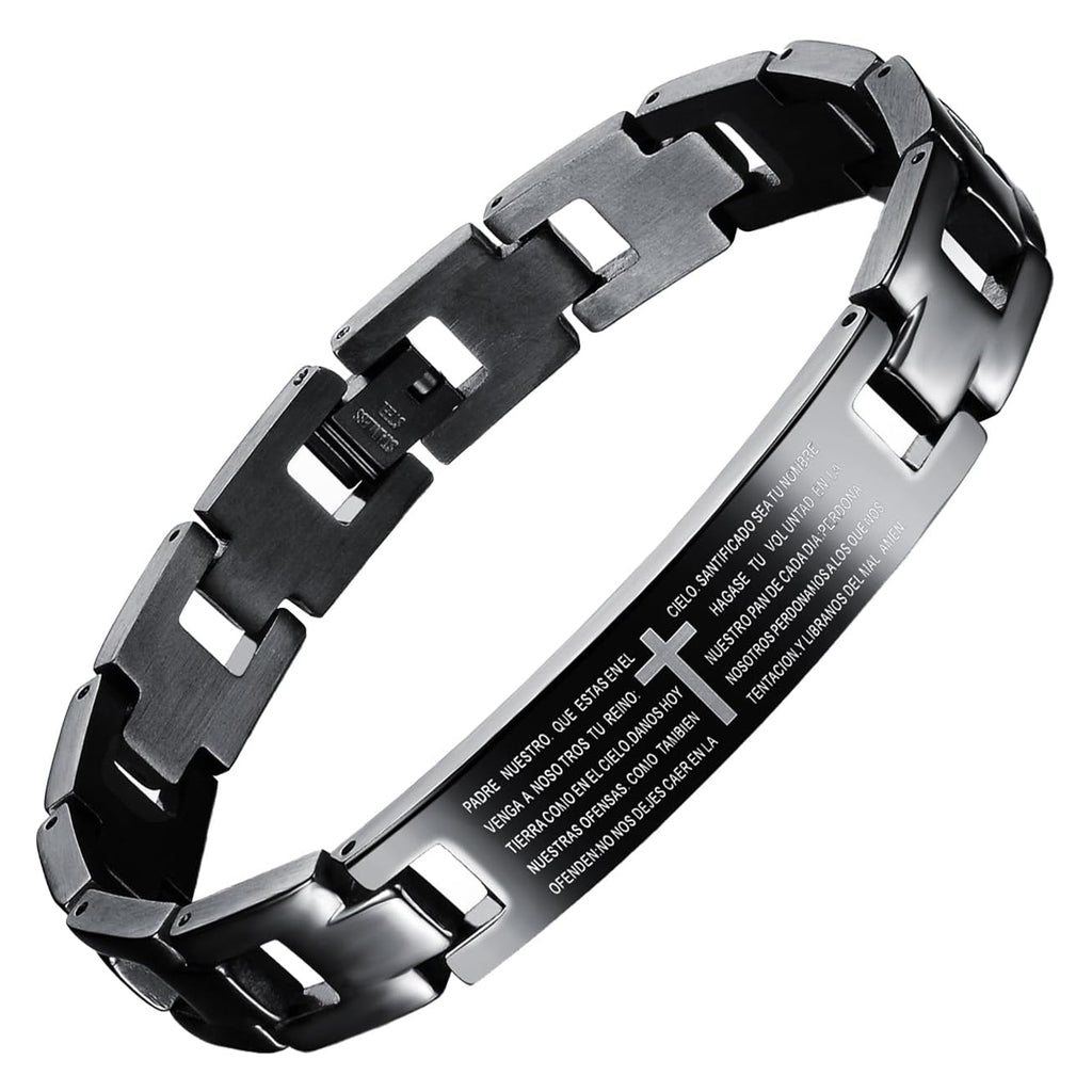 ✝ Spanish English Lord's Prayer Cross Bracelet for Men, Christian Bible Scripture Faith Jewelry