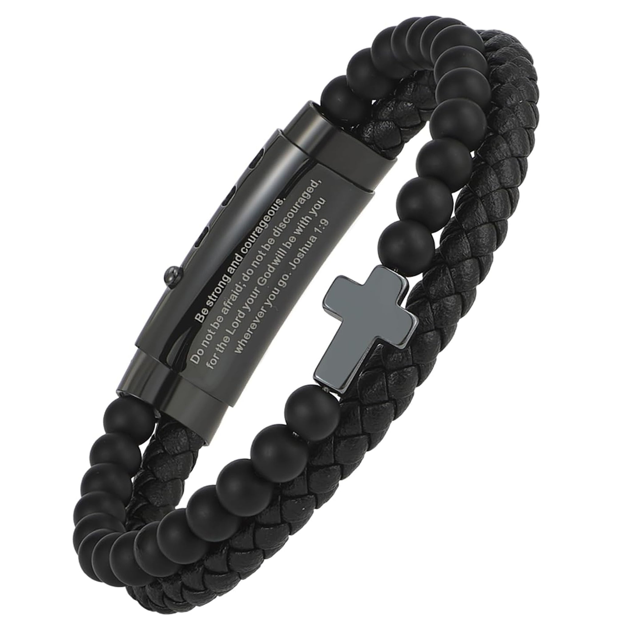 ✝ Men's Christian Cross Bracelet, Joshua 1:9 Bible Verse, Adjustable Braided Faith Jewelry Gift