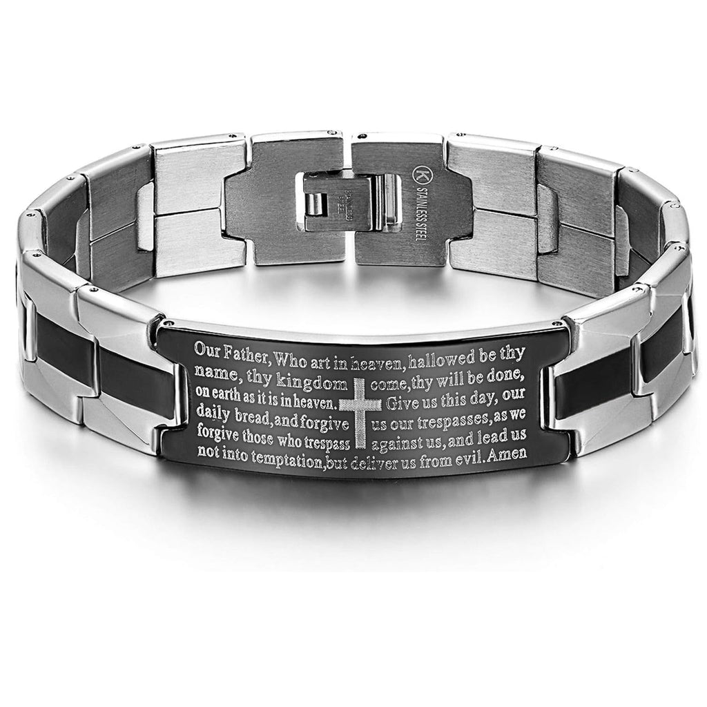 ✝ Men's Lord's Prayer Cross Bracelet, Stainless Steel Christian Bible Faith Jewelry Gift