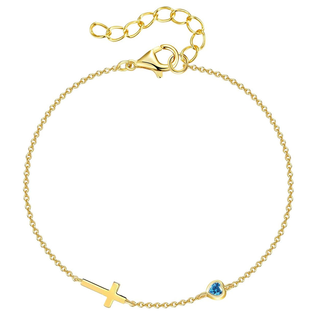 Women's 14K Gold Plated Cross Birthstone Bracelet Aquamarine Christian Jewelry Gift for Mom Wife Grandma