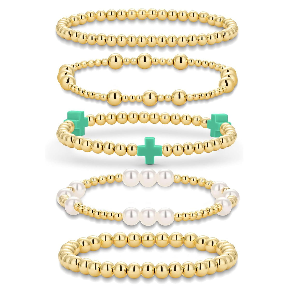 Gold Beaded Pearl Cross Bracelet Set 5-Piece Christian Stretch Jewelry Stackable Faith Gift for Women