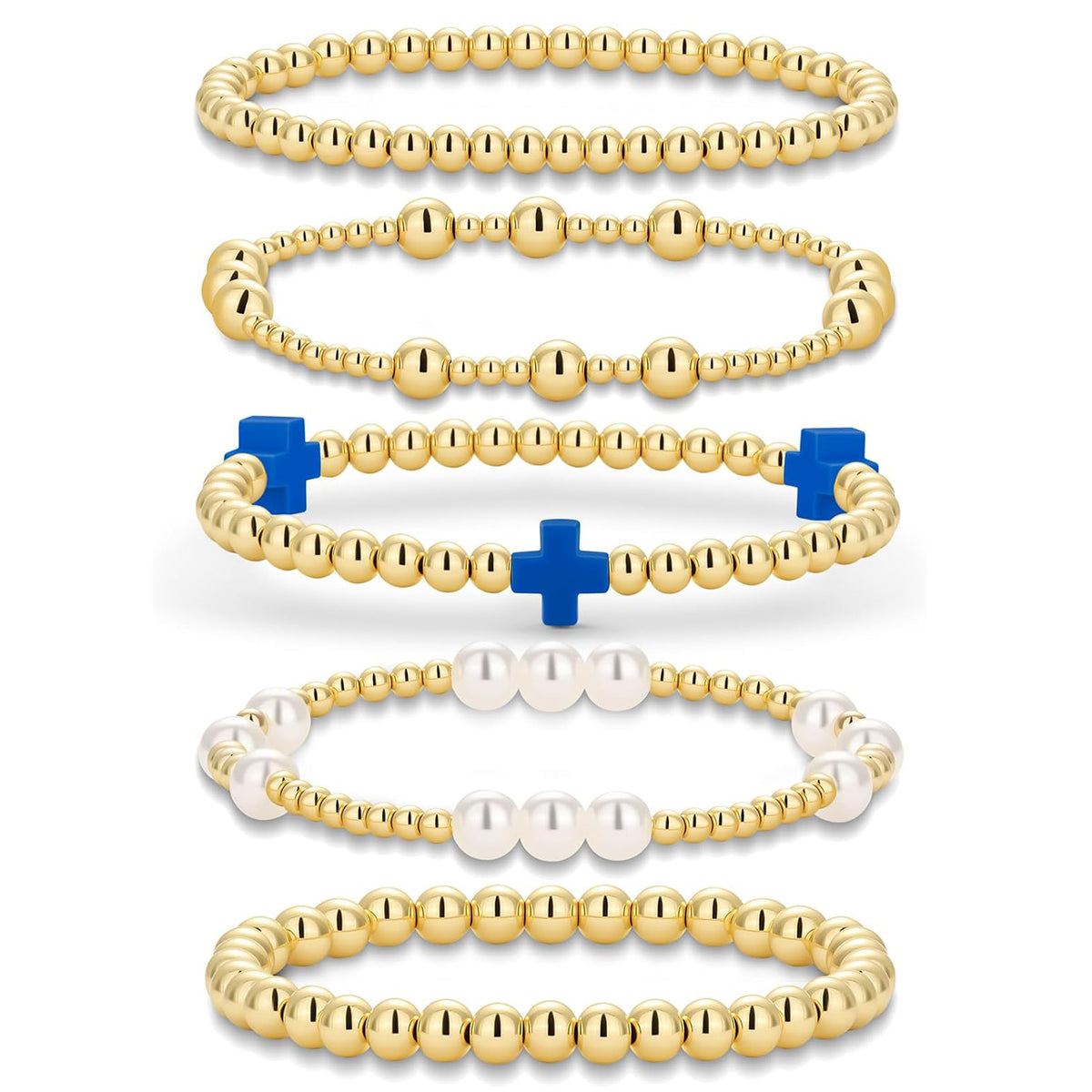Gold Beaded Pearl Cross Bracelet Set 5-Piece Christian Stretch Jewelry Stackable Faith Gift for Women