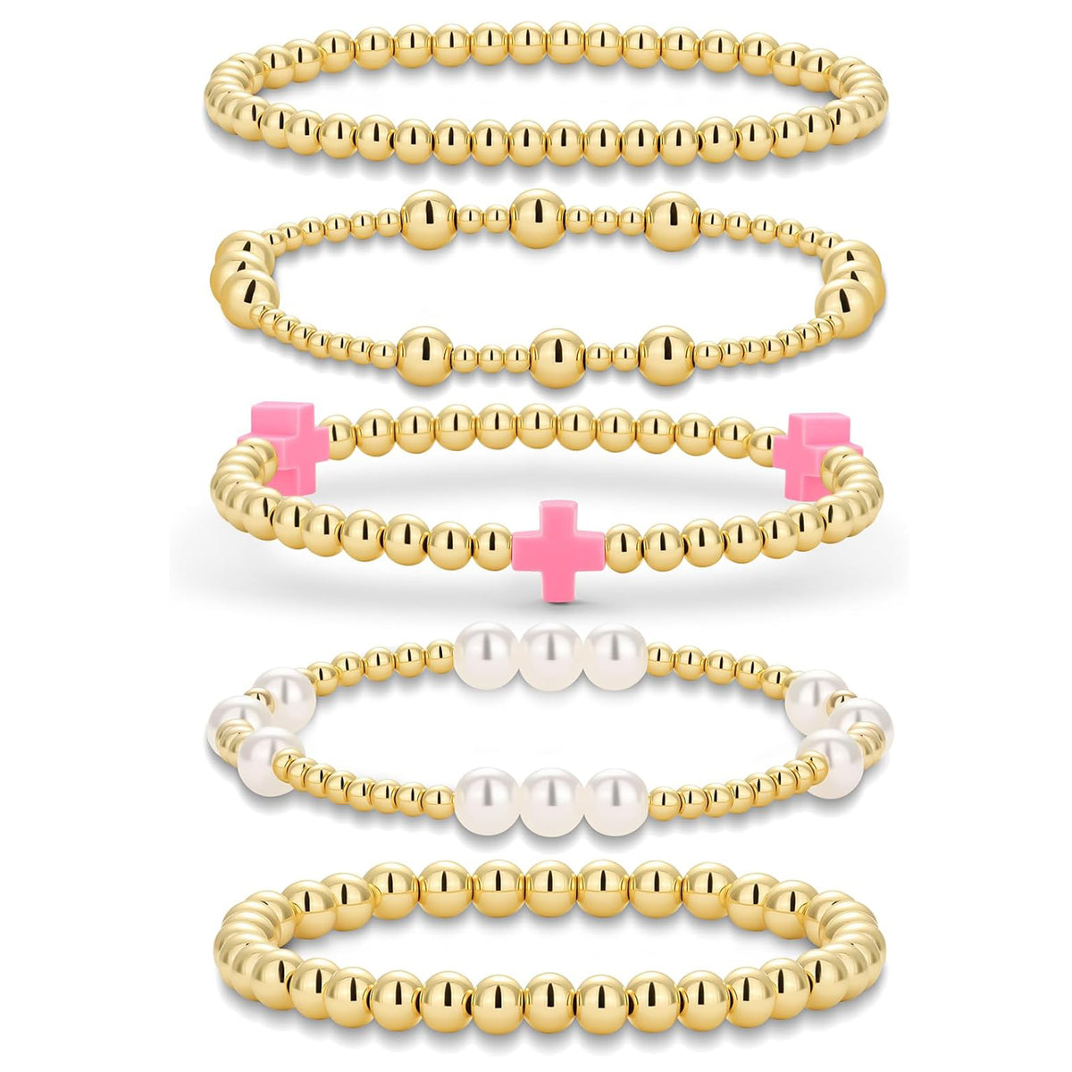 Gold Beaded Pearl Cross Bracelet Set 5-Piece Christian Stretch Jewelry Stackable Faith Gift for Women
