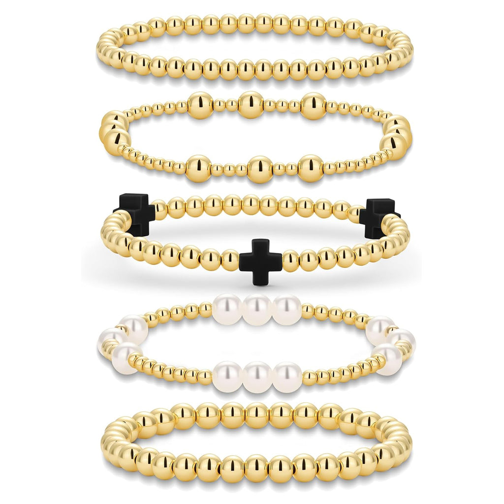 Gold Beaded Pearl Cross Bracelet Set 5-Piece Christian Stretch Jewelry Stackable Faith Gift for Women