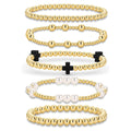 Gold Beaded Pearl Cross Bracelet Set 5-Piece Christian Stretch Jewelry Stackable Faith Gift for Women