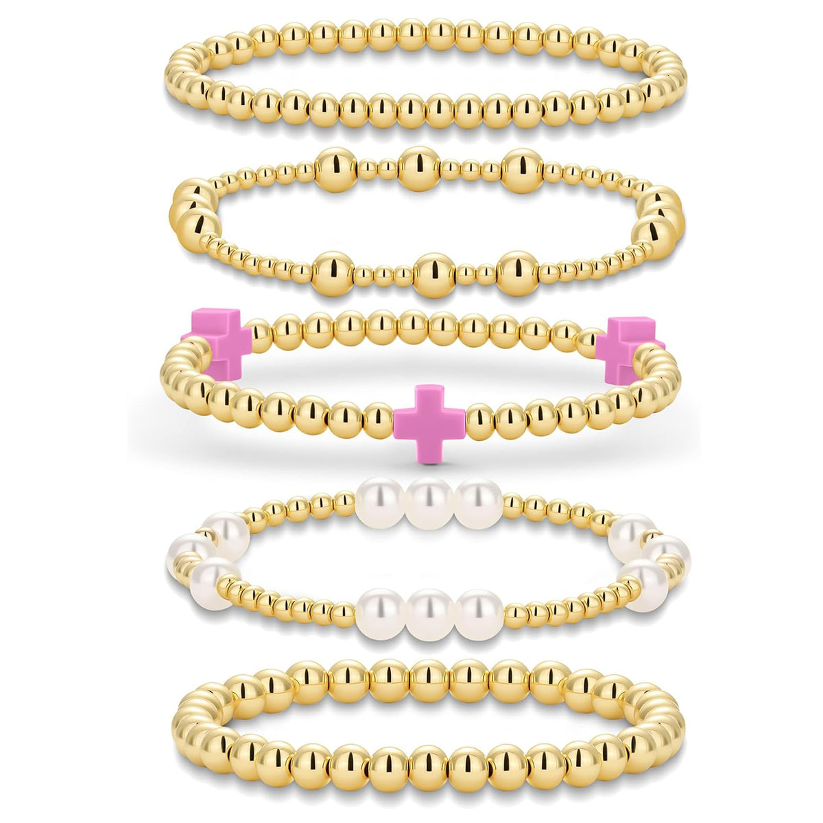 Gold Beaded Pearl Cross Bracelet Set 5-Piece Christian Stretch Jewelry Stackable Faith Gift for Women