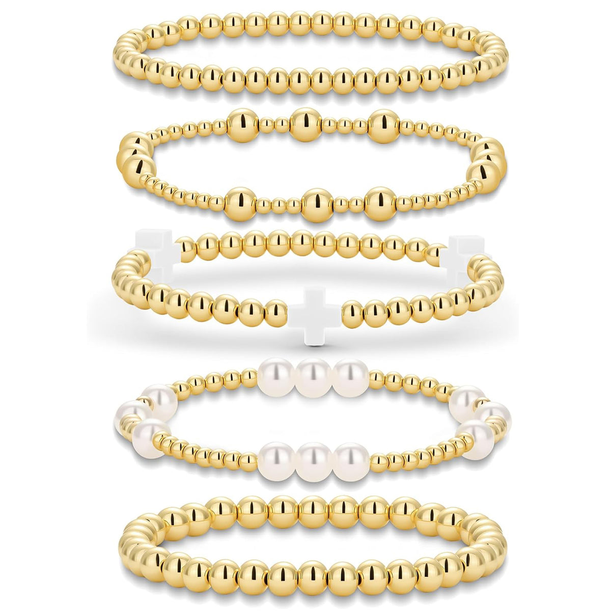 Gold Beaded Pearl Cross Bracelet Set 5-Piece Christian Stretch Jewelry Stackable Faith Gift for Women
