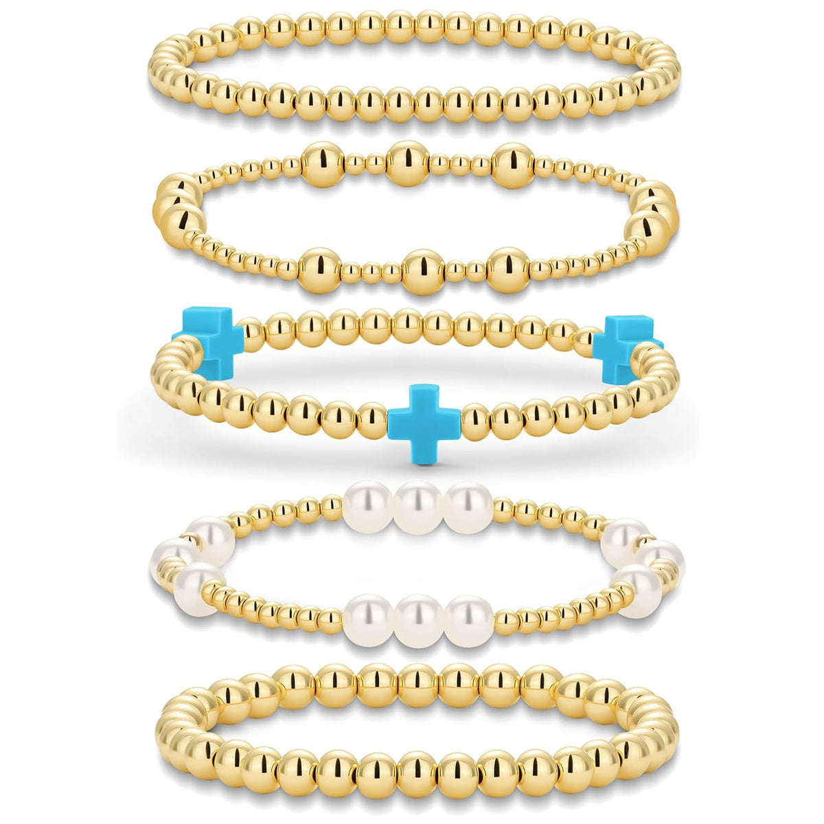 Gold Beaded Pearl Cross Bracelet Set 5-Piece Christian Stretch Jewelry Stackable Faith Gift for Women