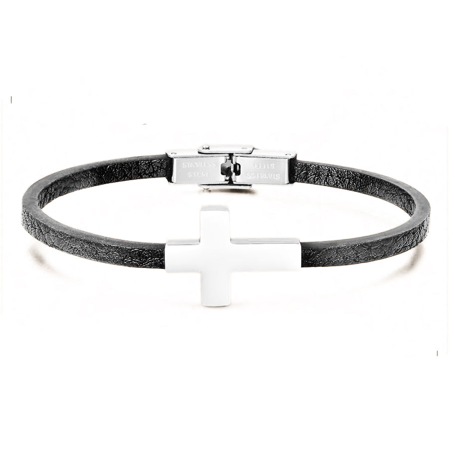 Men's Leather Cross Bracelet 316L Stainless Steel Christian Faith Religious Jewelry Gift for Dad Husband Son Brother