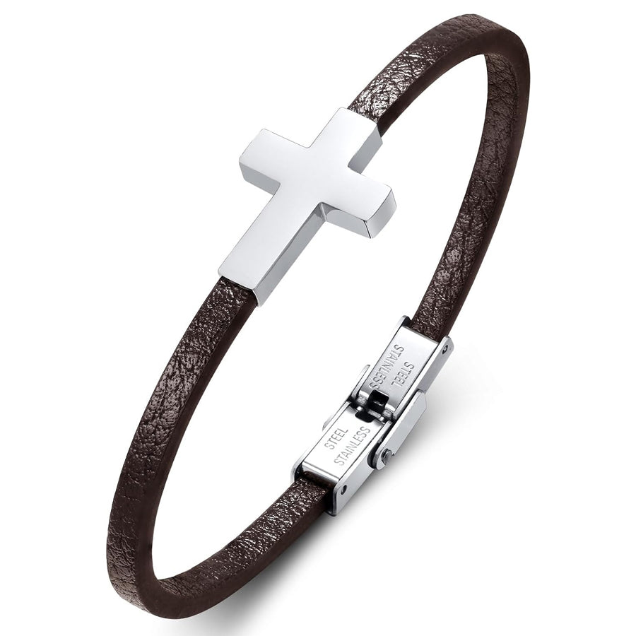 Men's Leather Cross Bracelet 316L Stainless Steel Christian Faith Religious Jewelry Gift for Dad Husband Son Brother