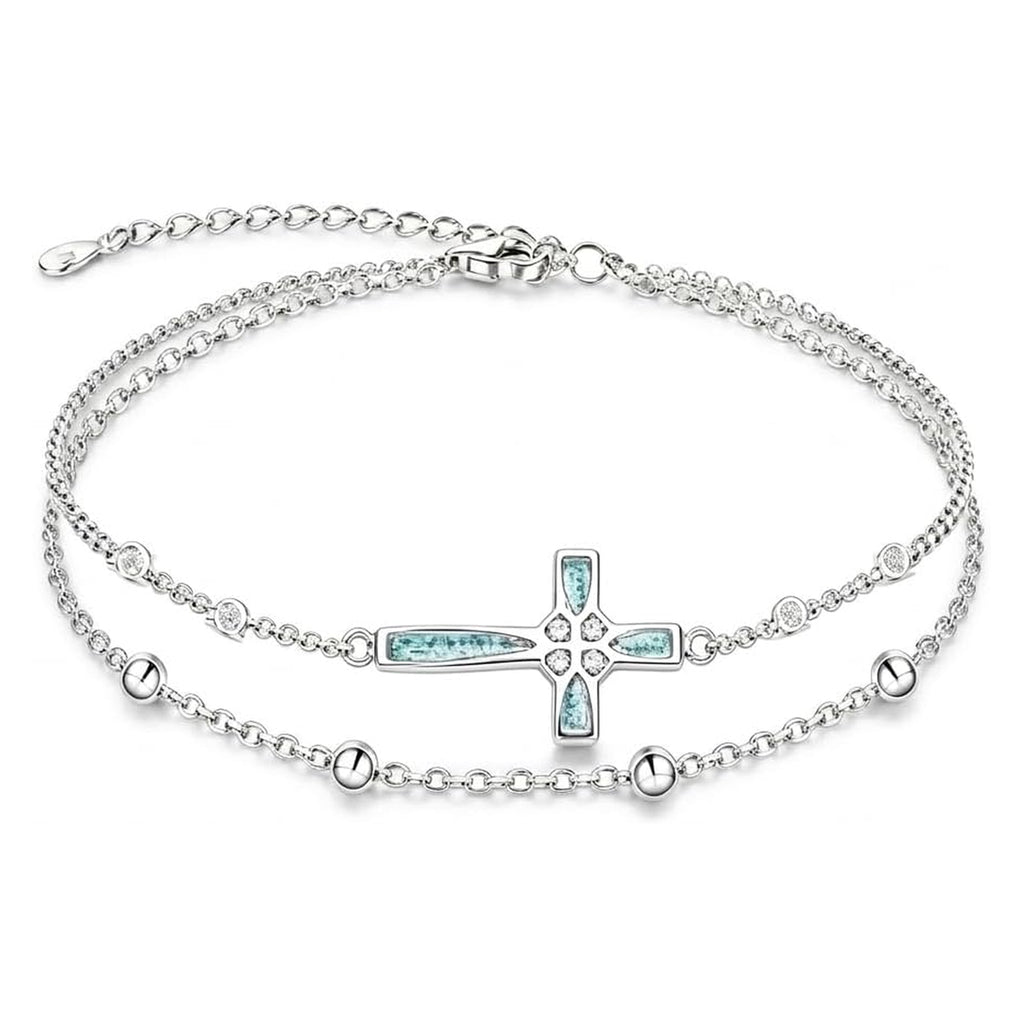 Women's 18K White Gold Plated Turquoise Cross Bracelet Christian Faith Jewelry Gift for Mom Grandma Girlfriend