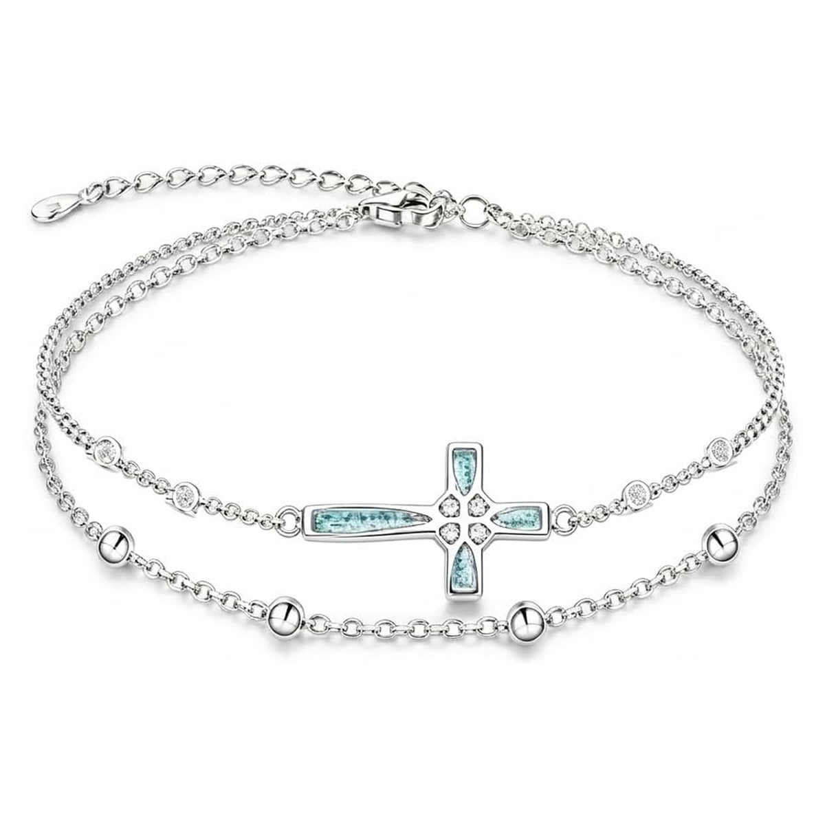 Women's 18K White Gold Plated Turquoise Cross Bracelet Christian Faith Jewelry Gift for Mom Grandma Girlfriend