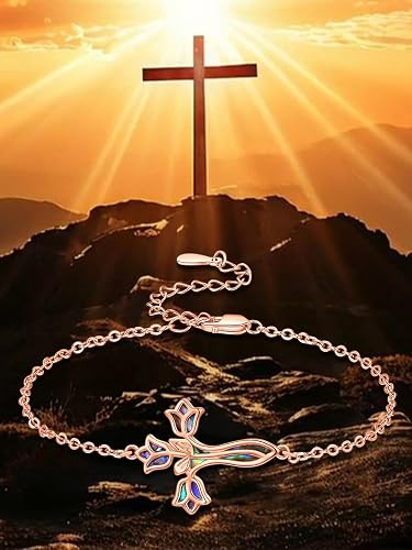 Women's 925 Sterling Silver Pink Rose Cross Bracelet Abalone Shell Christian Faith Religious Jewelry Gift
