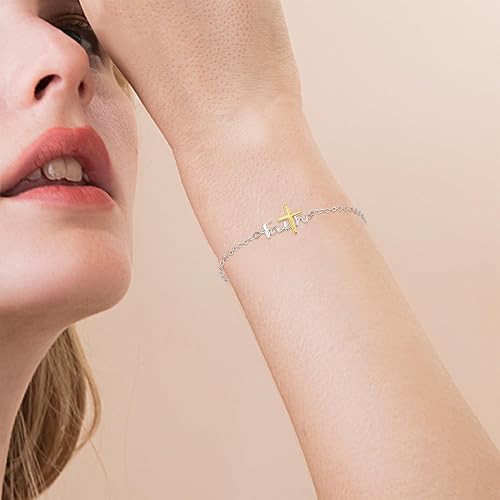 Women's 925 Sterling Silver Cross Bracelet Christian Faith Religious Jewelry Inspirational Gift for Mom Wife Sister