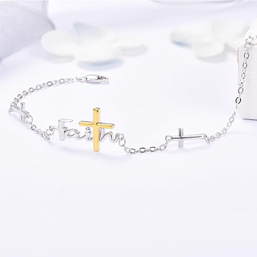 Women's 925 Sterling Silver Cross Bracelet Christian Faith Religious Jewelry Inspirational Gift for Mom Wife Sister