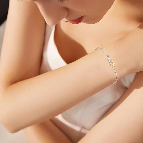 Women's 925 Sterling Silver Cross Bracelet Christian Faith Religious Jewelry Inspirational Gift for Mom Wife Sister