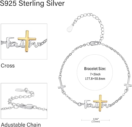 Women's 925 Sterling Silver Cross Bracelet Christian Faith Religious Jewelry Inspirational Gift for Mom Wife Sister