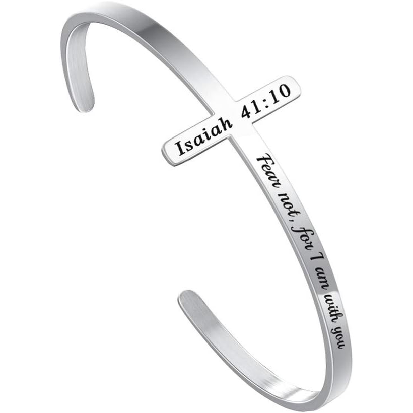 ✝ Women's Silver Cross Cuff Bracelet 316L Stainless Steel Bible Verse Christian Faith Inspirational Jewelry Gift