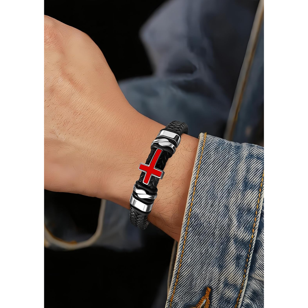 ✝ Men's Red White Cross Leather Cuff Bracelet 316L Stainless Steel Engraved Bible Verse Christian Faith Jewelry Gift