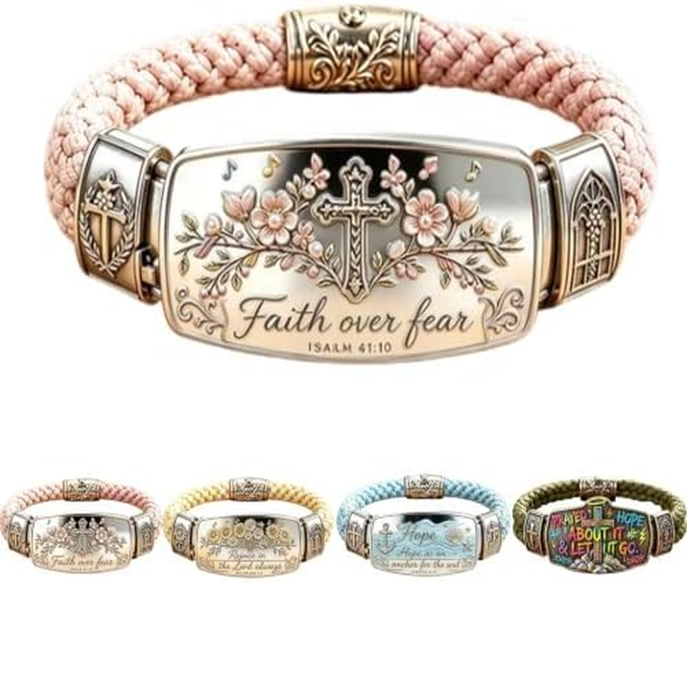 ✝ Faith Over Fear Isaiah 41:10 Cross Bracelet Cherry Blossom Christian Scripture Jewelry Inspirational Gift for Women Mom