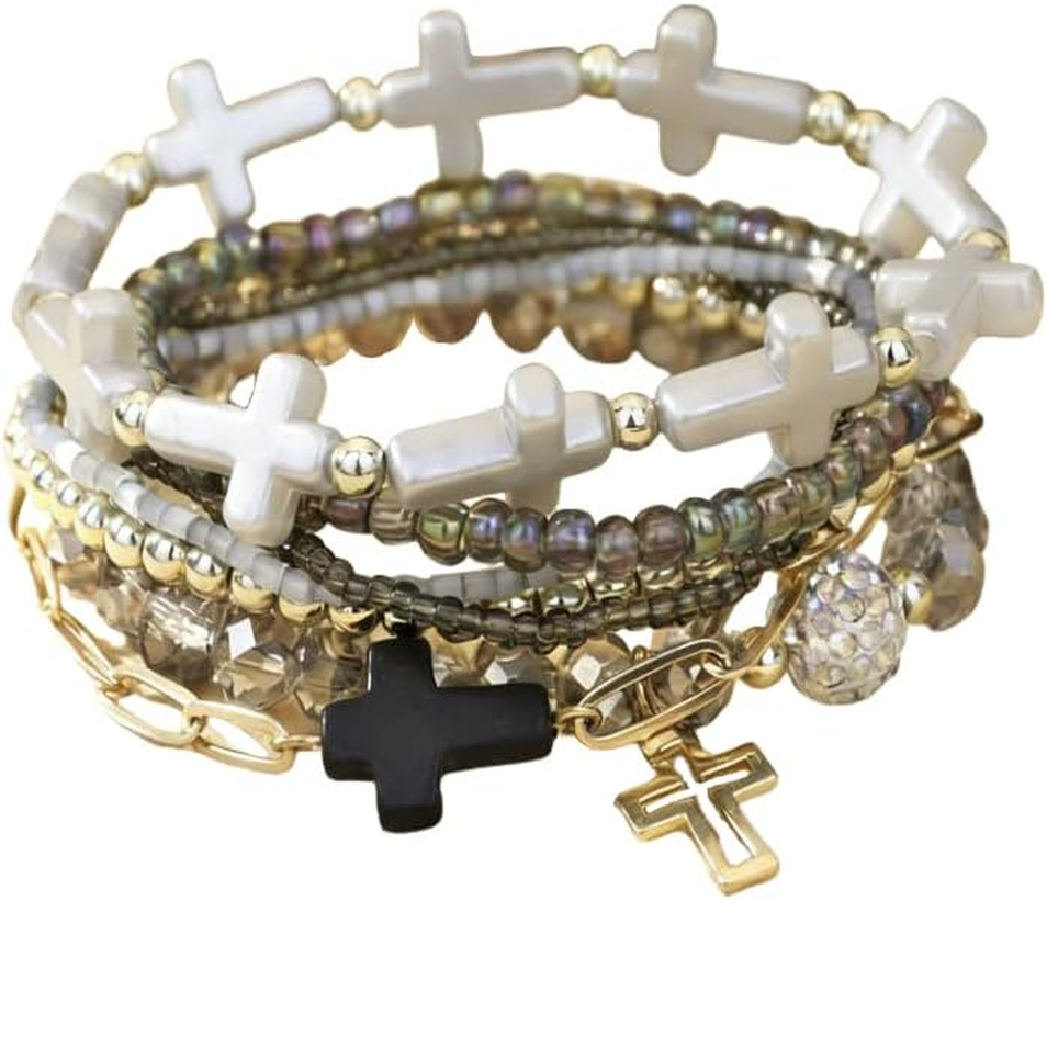 ✝ Women's Multi-colored Cross Charm Bracelet Set Stackable Beaded Christian Faith Religious Jewelry Gift Easter Celebration