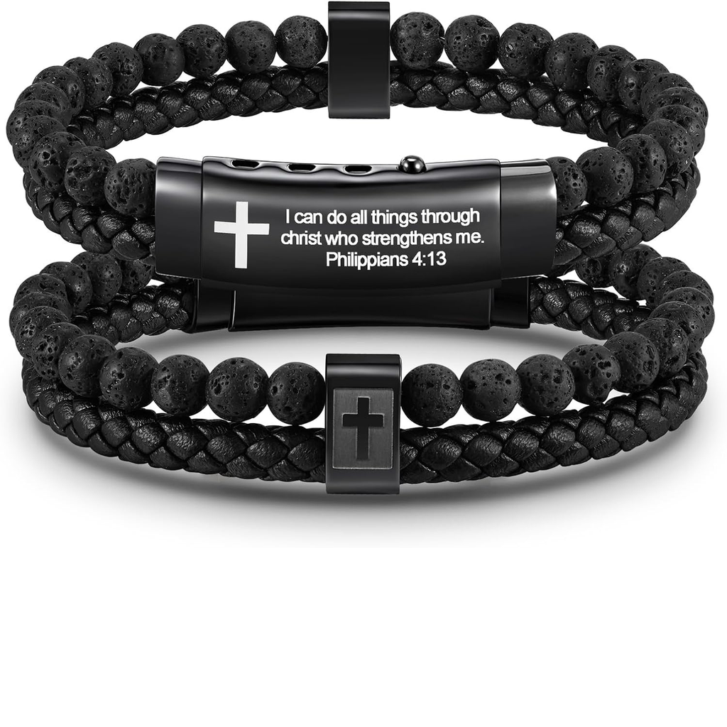 ✝ Men's Joshua 1:9 Cross Bracelet Braided Leather Tiger Eye Agate Beaded Christian Faith Jewelry Gift