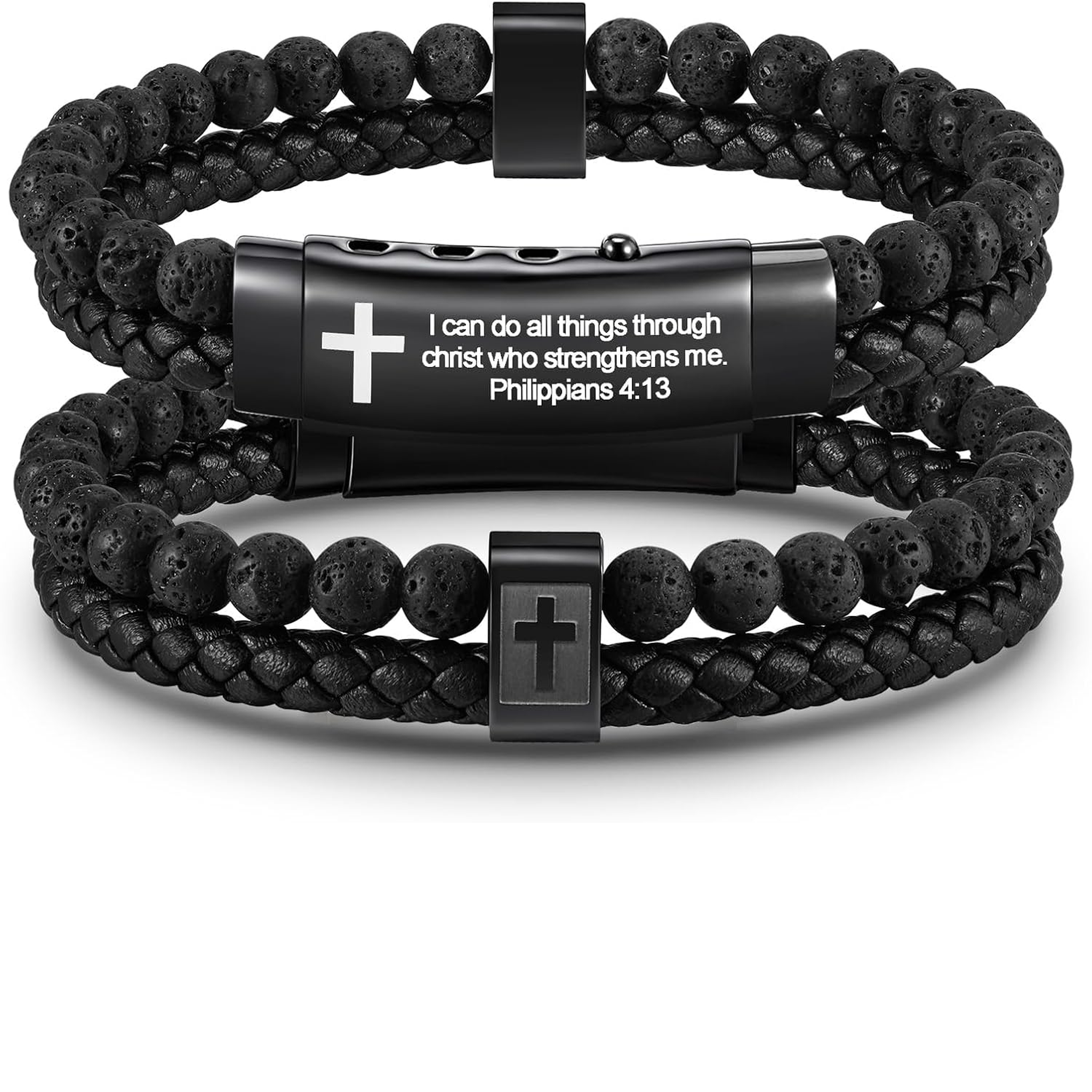 ✝ Men's Joshua 1:9 Cross Bracelet Braided Leather Tiger Eye Agate Beaded Christian Faith Jewelry Gift