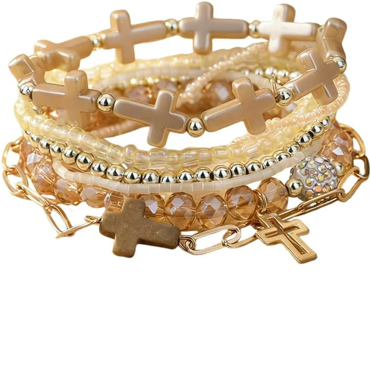 ✝ Women's Multi-colored Cross Charm Bracelet Set Stackable Beaded Christian Faith Religious Jewelry Gift Easter Celebration