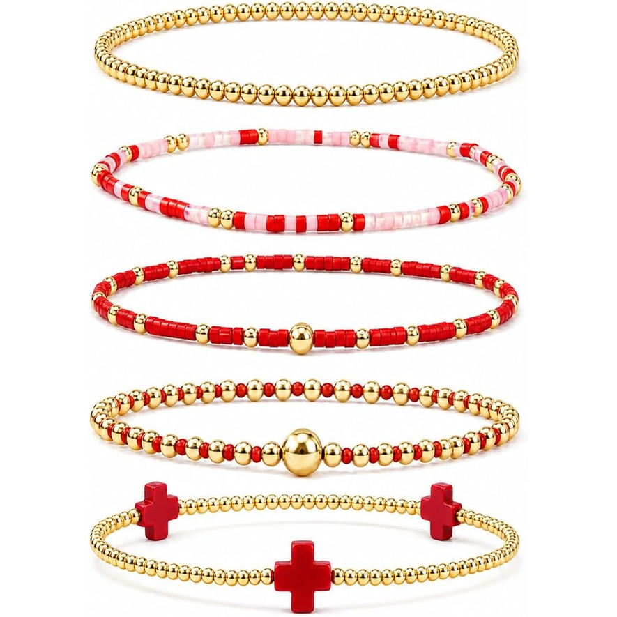 ✝ Women's Gold Beaded Cross Bracelet Stack Set Stretch Christian Faith Jewelry Gift for Women Teens