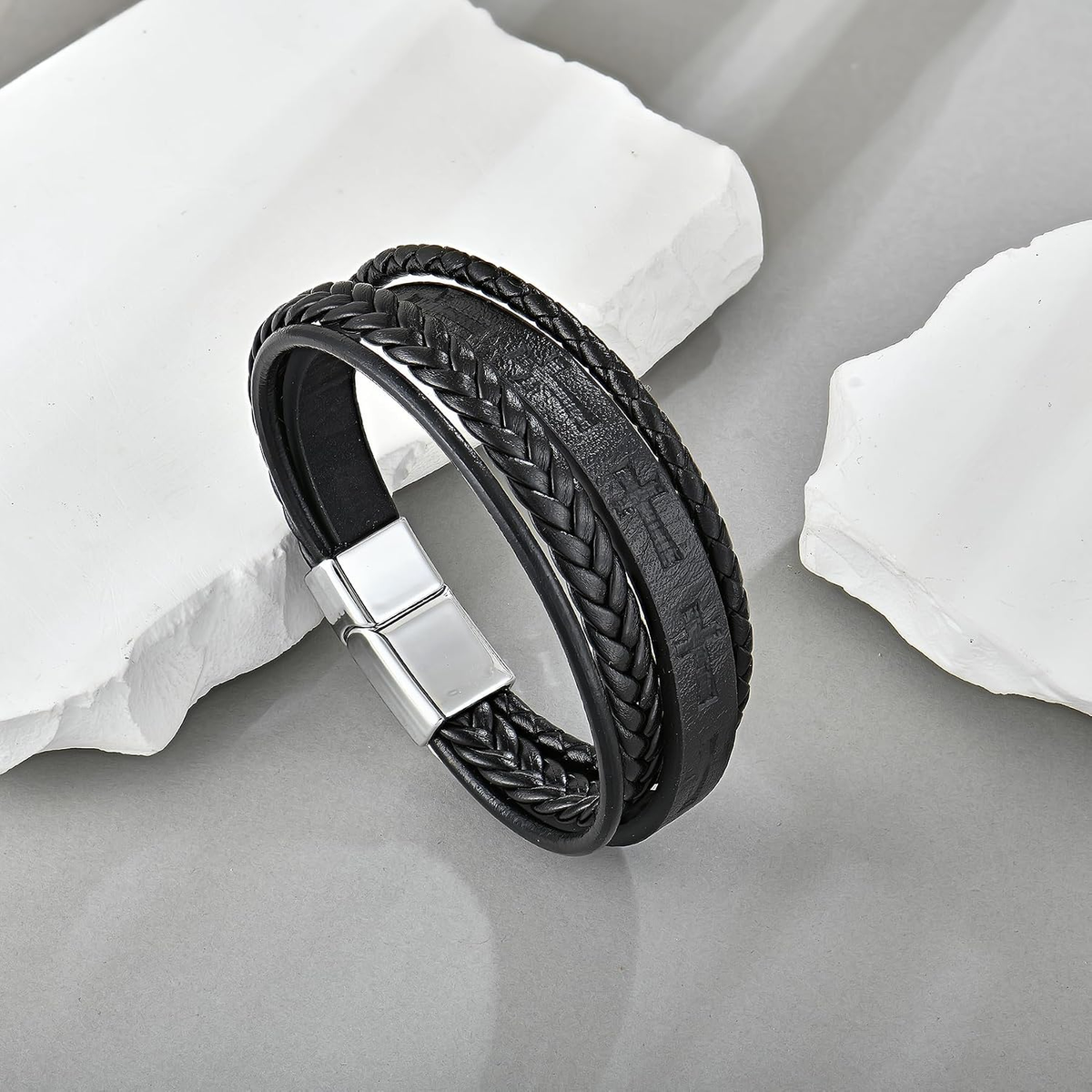 ✝ Men's Leather Cross Bracelet Multi-Layer Braided Christian Faith Religious Wristband Stainless Steel Buckle Jewelry Gift for Dad
