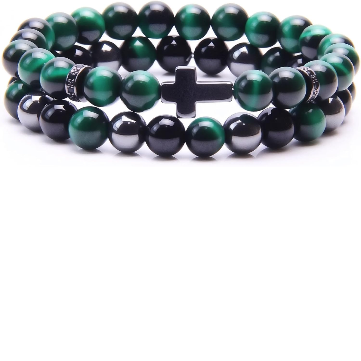 ✝ Men's Cross Bracelet Set – Black Obsidian, Hematite & Tiger Eye 8MM Beaded Christian Faith Jewelry