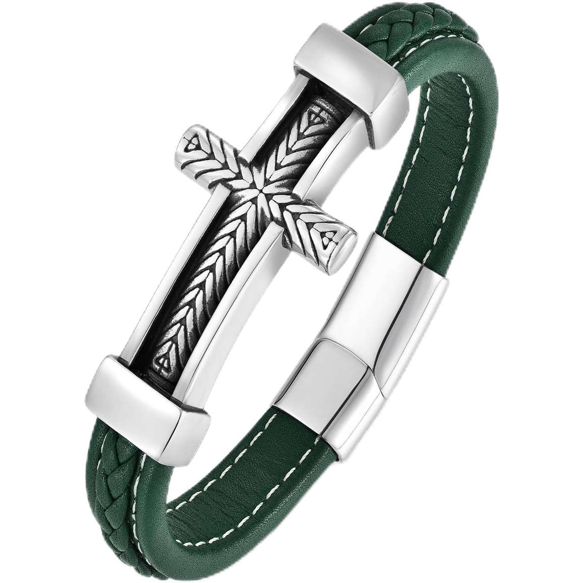 ✝ Men's Braided Leather Sideways Cross Bracelet 316L Stainless Steel Christian Faith Religious Jewelry Gift for Father Husband
