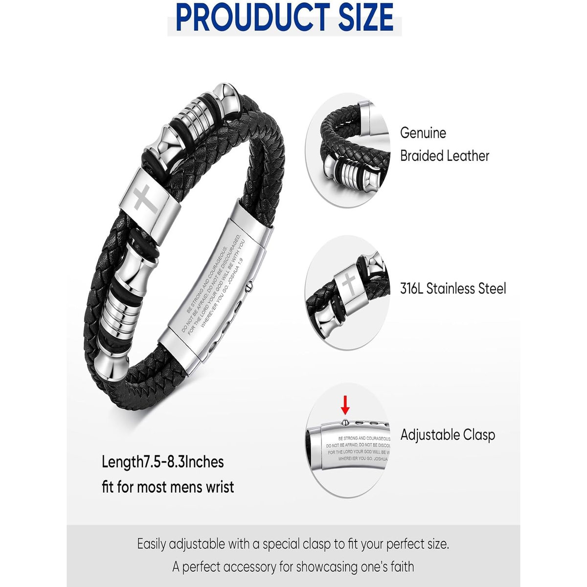 ✝ Men's Christian Silver Leather Cross Bracelet Double-Row Braided Faith Joshua 1:9 Religious Jewelry Gift