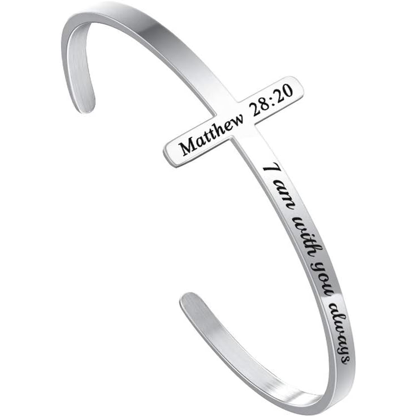 ✝ Women's Silver Cross Cuff Bracelet 316L Stainless Steel Bible Verse Christian Faith Inspirational Jewelry Gift