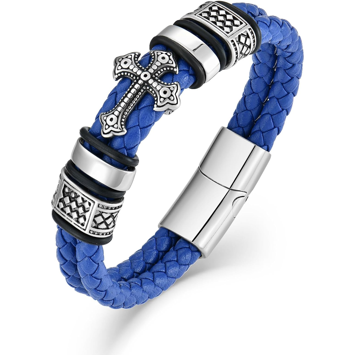 ✝ Men's Christian Cross Double Row Leather Bracelet Braided Cuff Stainless Steel Religious Faith Jewelry Gift for Dad Husband