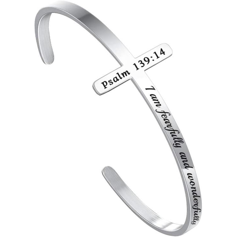 ✝ Women's Silver Cross Cuff Bracelet 316L Stainless Steel Bible Verse Christian Faith Inspirational Jewelry Gift