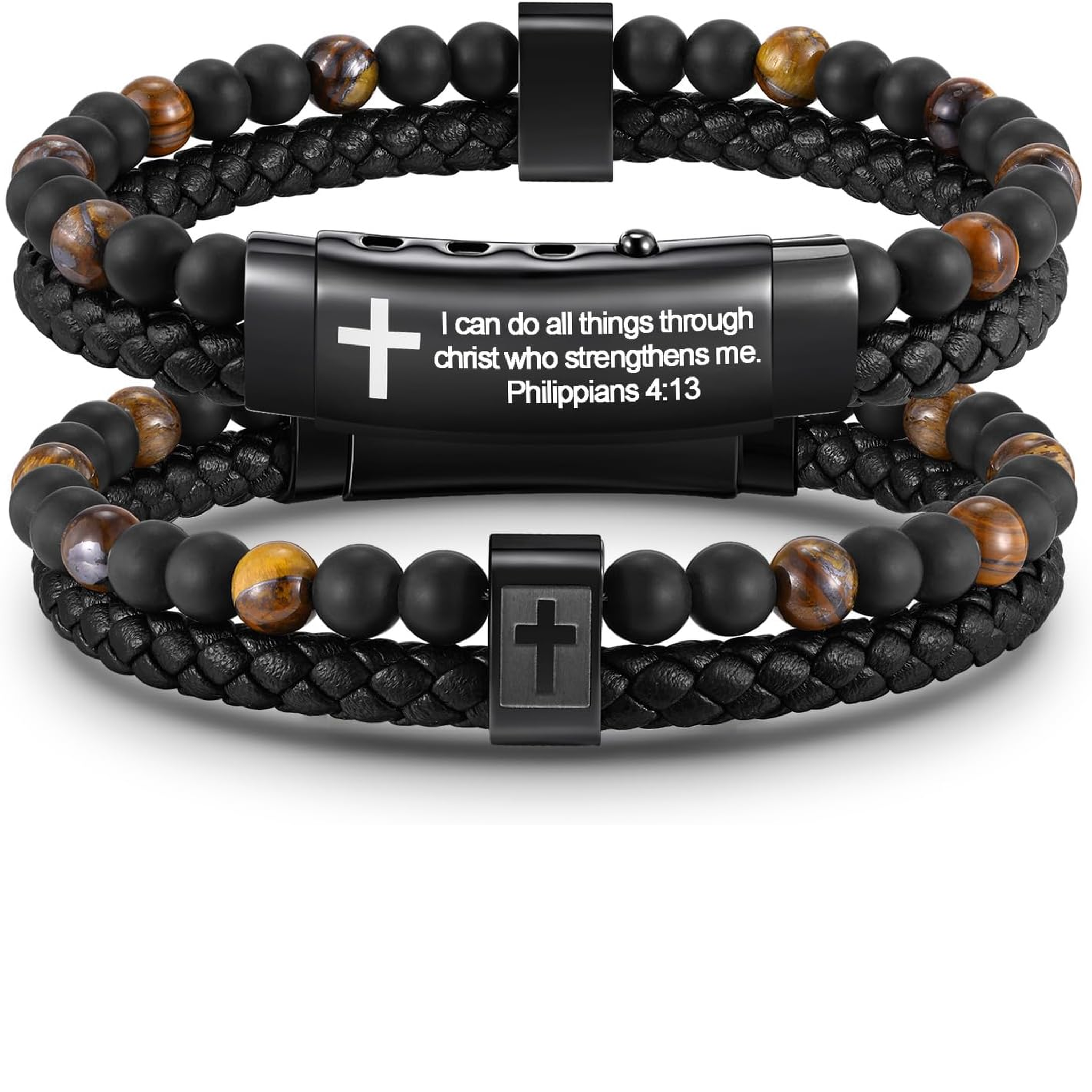 ✝ Men's Joshua 1:9 Cross Bracelet Braided Leather Tiger Eye Agate Beaded Christian Faith Jewelry Gift