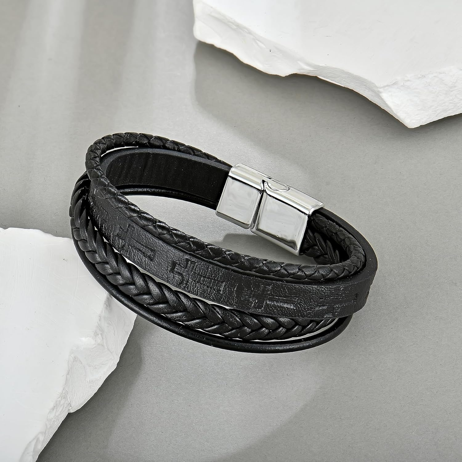✝ Men's Leather Cross Bracelet Multi-Layer Braided Christian Faith Religious Wristband Stainless Steel Buckle Jewelry Gift for Dad