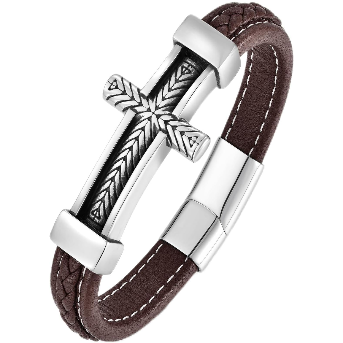 ✝ Men's Braided Leather Sideways Cross Bracelet 316L Stainless Steel Christian Faith Religious Jewelry Gift for Father Husband