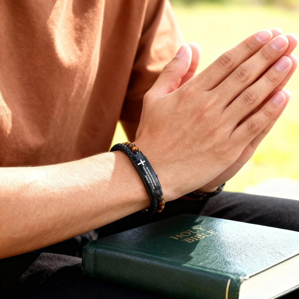 ✝ Men's Joshua 1:9 Cross Bracelet Braided Leather Tiger Eye Agate Beaded Christian Faith Jewelry Gift