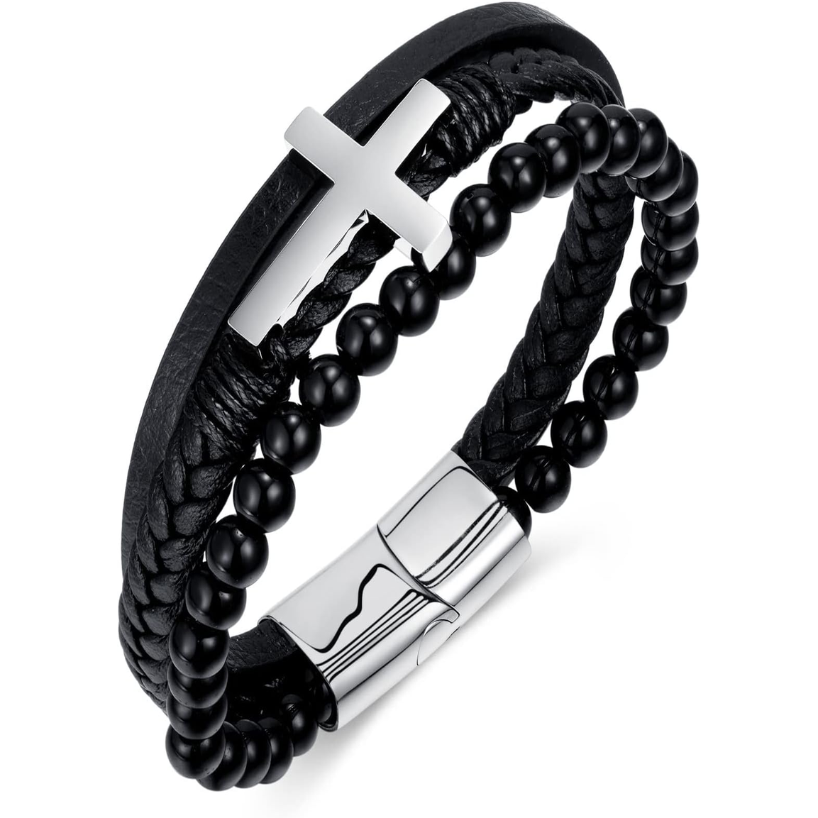 ✝ Men's Christian Cross Double Row Leather Bracelet Braided Cuff Stainless Steel Religious Faith Jewelry Gift for Dad Husband