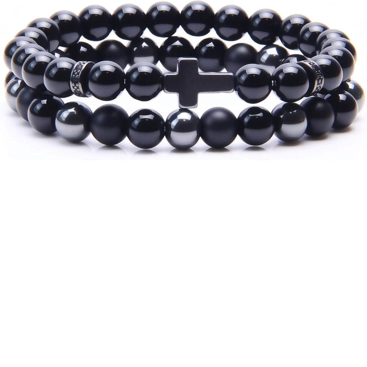 ✝ Men's Cross Bracelet Set – Black Obsidian, Hematite & Tiger Eye 8MM Beaded Christian Faith Jewelry