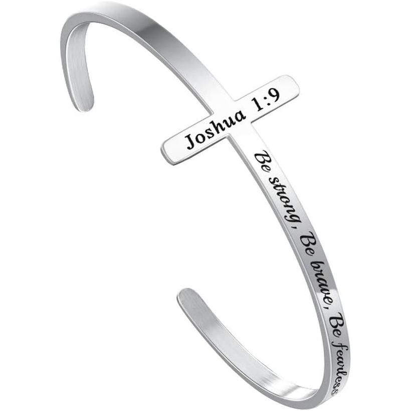 ✝ Women's Silver Cross Cuff Bracelet 316L Stainless Steel Bible Verse Christian Faith Inspirational Jewelry Gift