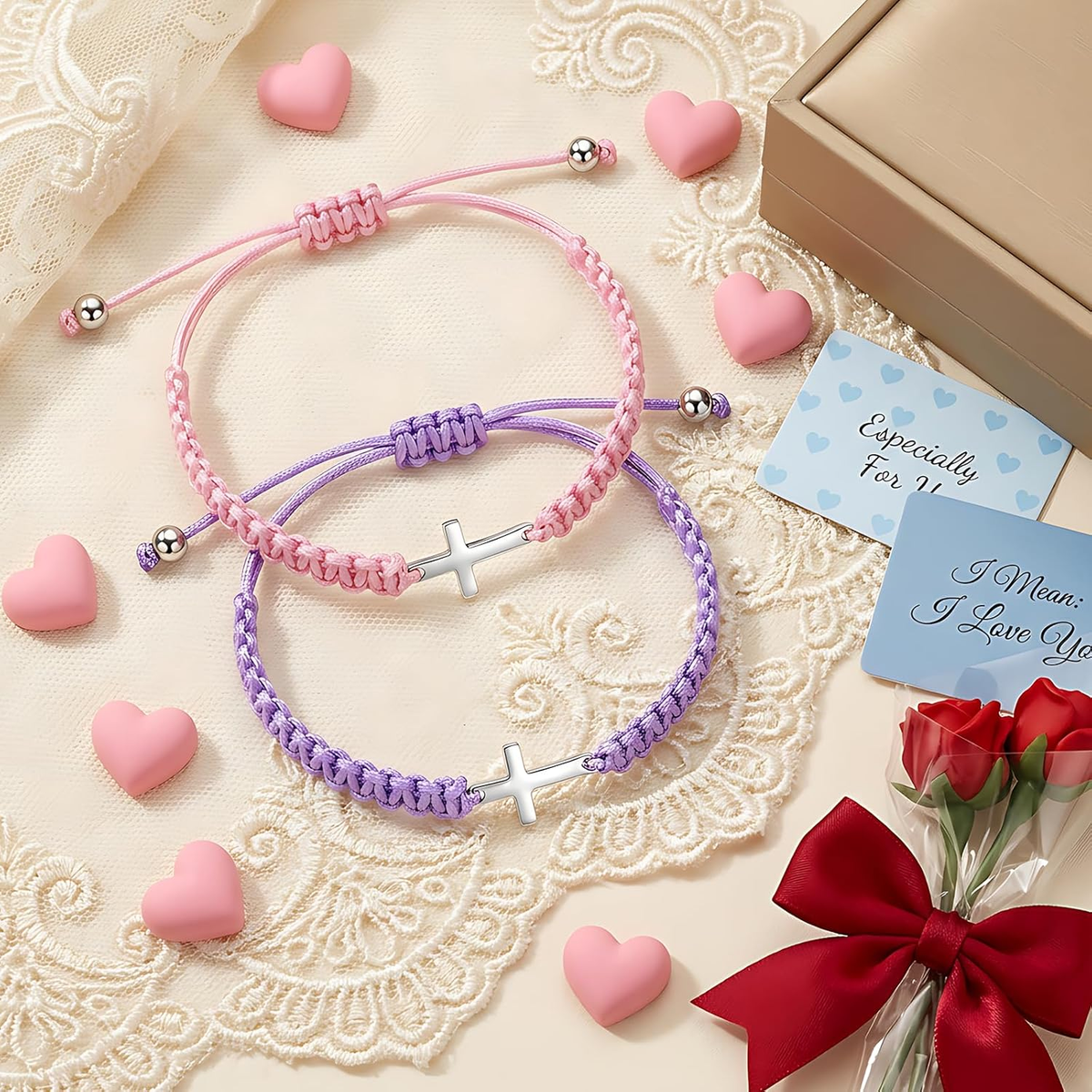 ✝ 2-Piece Christian Cross Friendship Bracelet Set Pink Purple Adjustable Braided Rope Faith Jewelry Gift for Couples Friends
