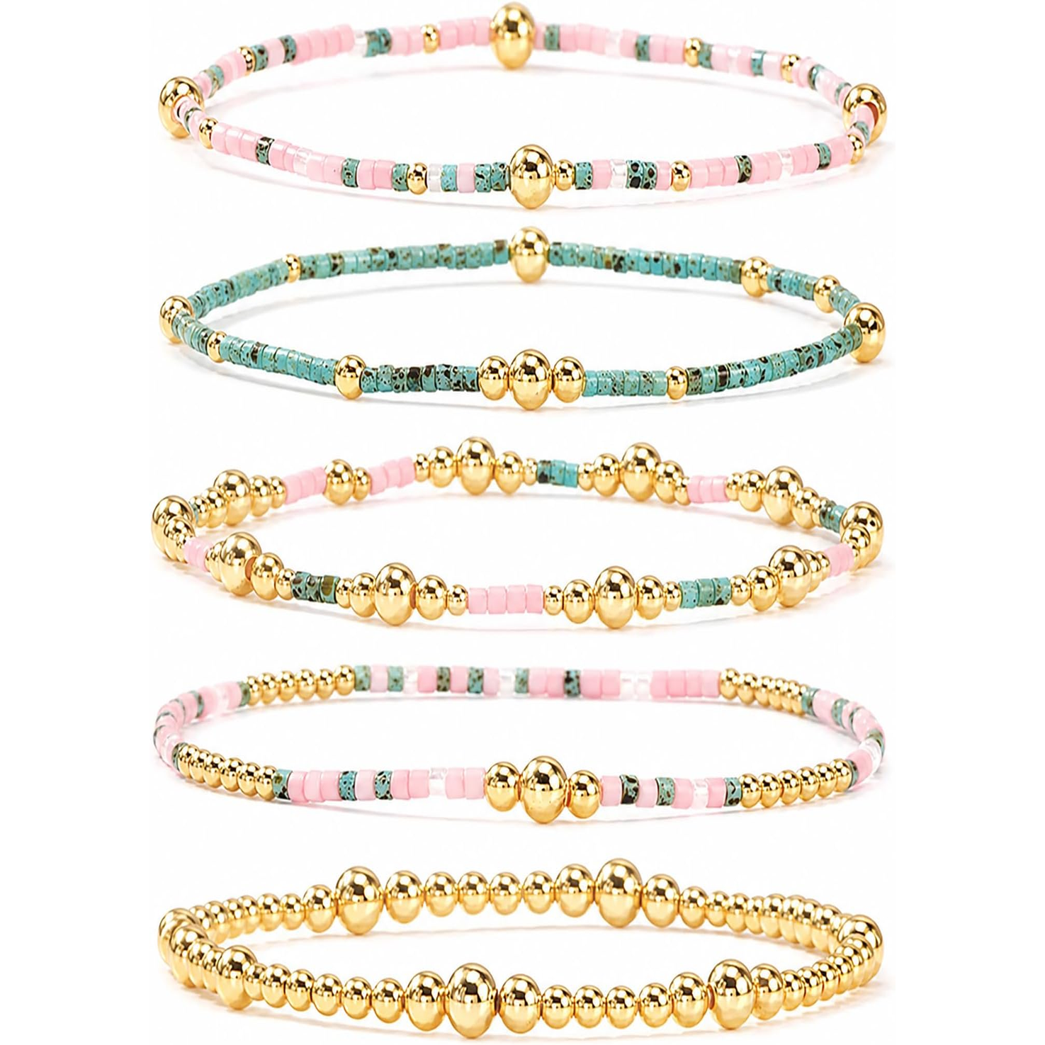 ✝ Women's Gold Beaded Cross Bracelet Stack Set Stretch Christian Faith Jewelry Gift for Women Teens