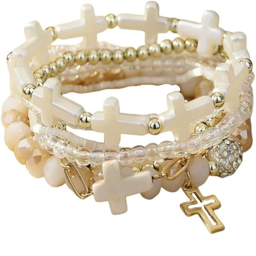 ✝ Women's Multi-colored Cross Charm Bracelet Set Stackable Beaded Christian Faith Religious Jewelry Gift Easter Celebration